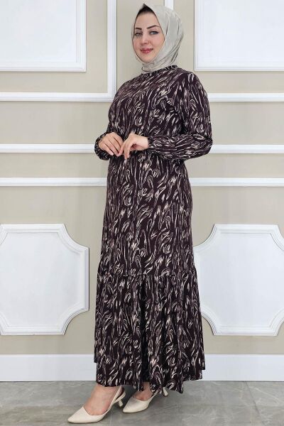 PYS KADIN DALGA DESENLİ SİMLİ TESETTÜR ELBİSE KAHVERENGİ - 3 BEDEN
