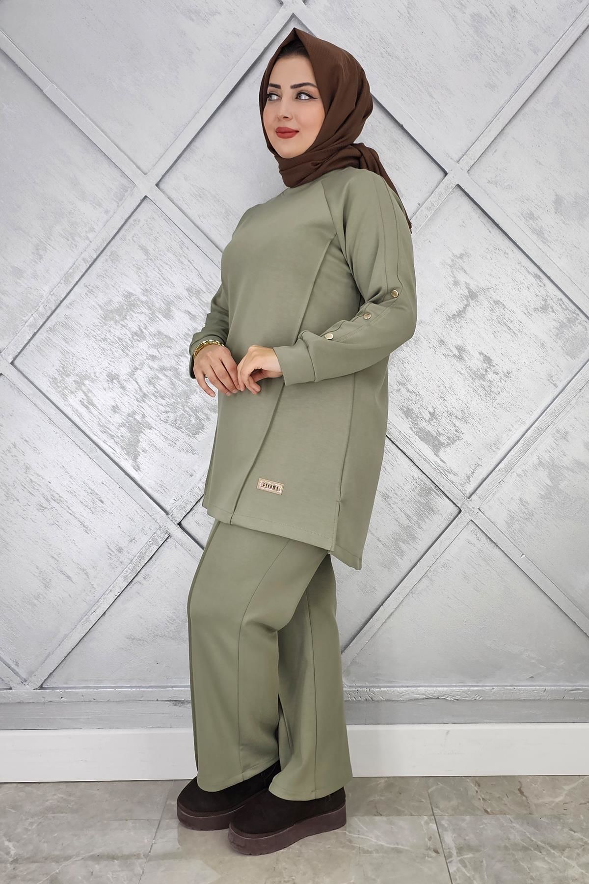 KADIN KOL DÜĞME DETAYLI TESETTÜR TAKIM HAKİ - 4 BEDEN