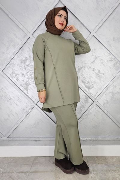 KADIN KOL DÜĞME DETAYLI TESETTÜR TAKIM HAKİ - 4 BEDEN