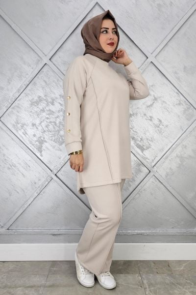 KADIN KOL DÜĞME DETAYLI TESETTÜR TAKIM TAŞ - 5 BEDEN