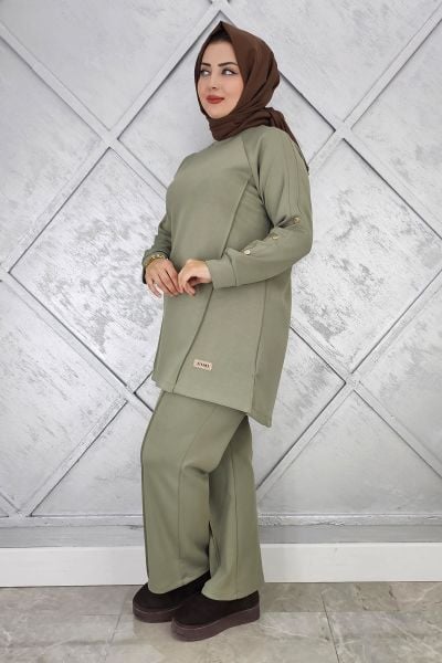 KADIN KOL DÜĞME DETAYLI TESETTÜR TAKIM HAKİ - 3 BEDEN