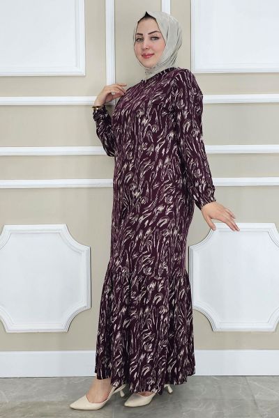 KADIN DALGA DESENLİ SİMLİ TESETTÜR ELBİSE BORDO - 4 BEDEN