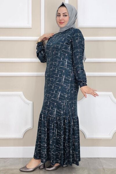 PYS KADIN DESENLİ SİMLİ TESETTÜR ELBİSE PETROL YEŞİLİ - 5 BEDEN