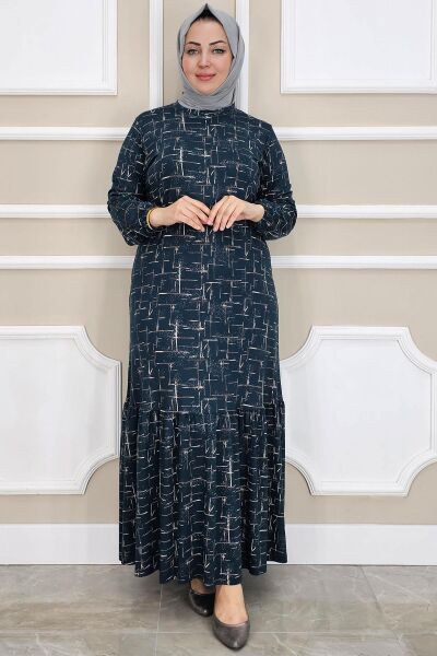 PYS KADIN DESENLİ SİMLİ TESETTÜR ELBİSE PETROL YEŞİLİ - 5 BEDEN