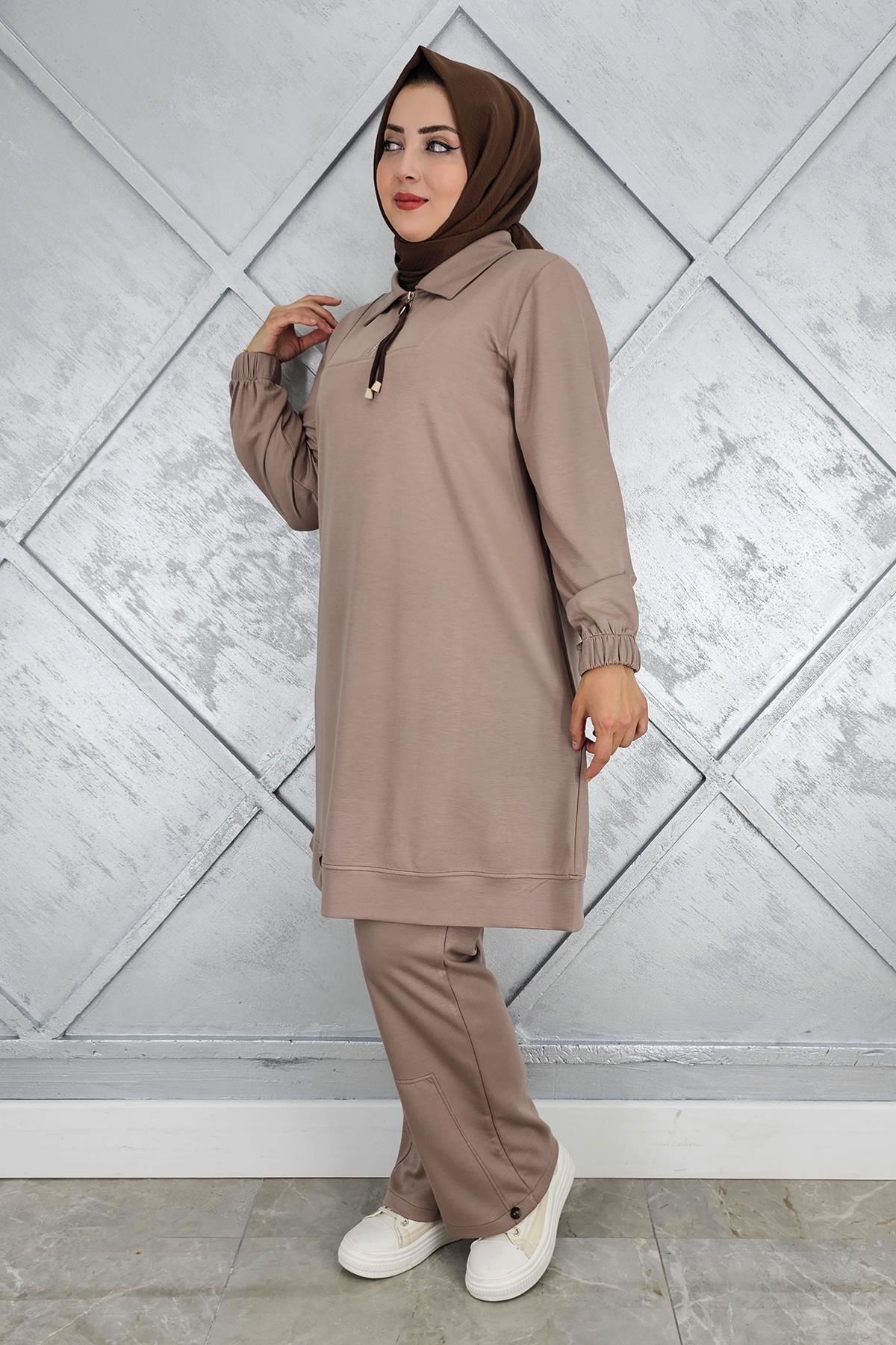 KADIN DÜĞME DETAYLI TESETTÜR TAKIM VİZON - 3 BEDEN