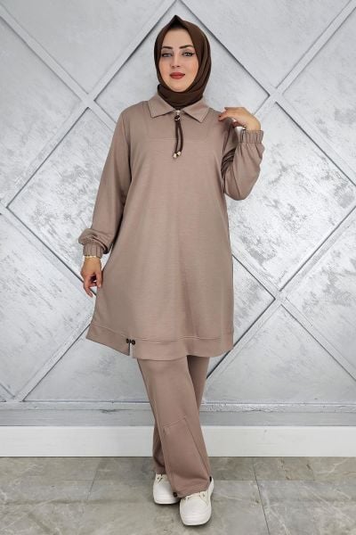 KADIN DÜĞME DETAYLI TESETTÜR TAKIM VİZON - 3 BEDEN