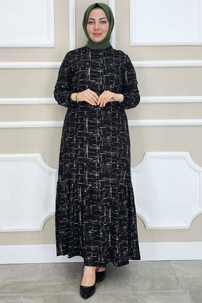 PYS KADIN DESENLİ SİMLİ TESETTÜR ELBİSE SİYAH - 3 BEDEN