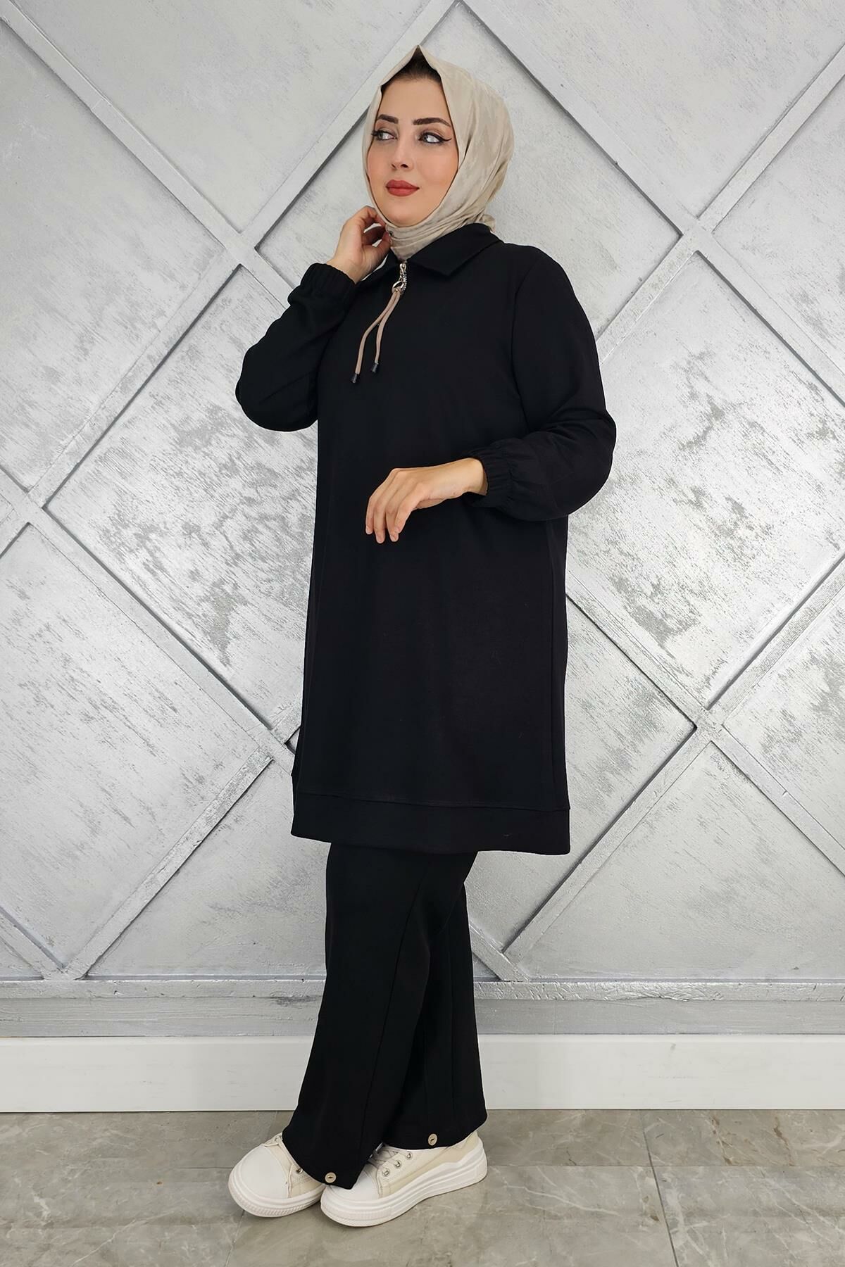 KADIN DÜĞME DETAYLI TESETTÜR TAKIM SİYAH - 4 BEDEN