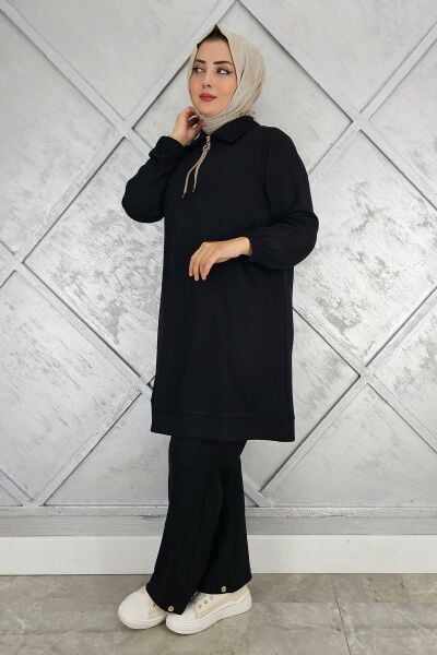 KADIN DÜĞME DETAYLI TESETTÜR TAKIM SİYAH - 4 BEDEN