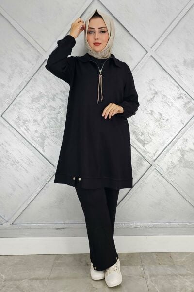 KADIN DÜĞME DETAYLI TESETTÜR TAKIM SİYAH - 4 BEDEN