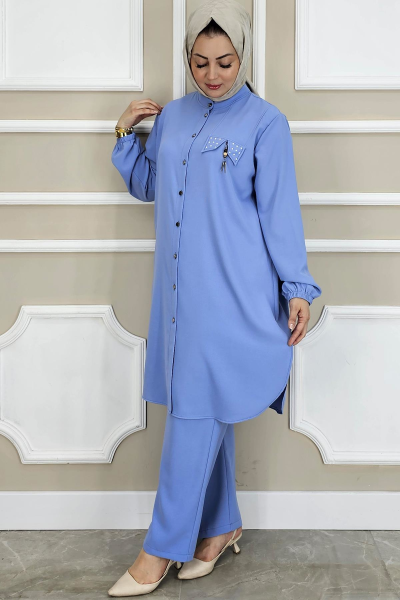 PYS KADIN SALLANTI AKSESUARLI HAKİM YAKA TESETTÜR TAKIM MAVİ - 3 BEDEN