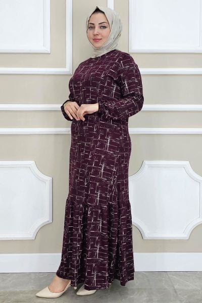 WOMAN PATTERNED SILVERY HIJAB DRESS BURGUNDY - SIZE 2