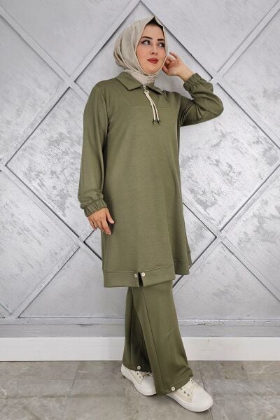 KADIN DÜĞME DETAYLI TESETTÜR TAKIM HAKİ - 3 BEDEN