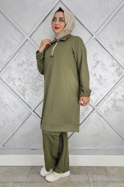 KADIN DÜĞME DETAYLI TESETTÜR TAKIM HAKİ - 5 BEDEN