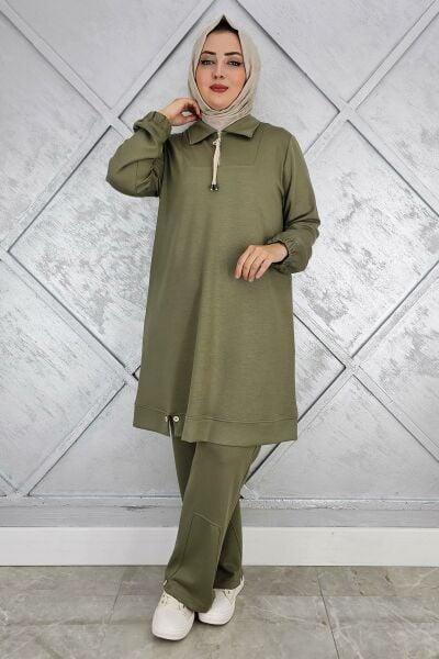 KADIN DÜĞME DETAYLI TESETTÜR TAKIM HAKİ - 5 BEDEN