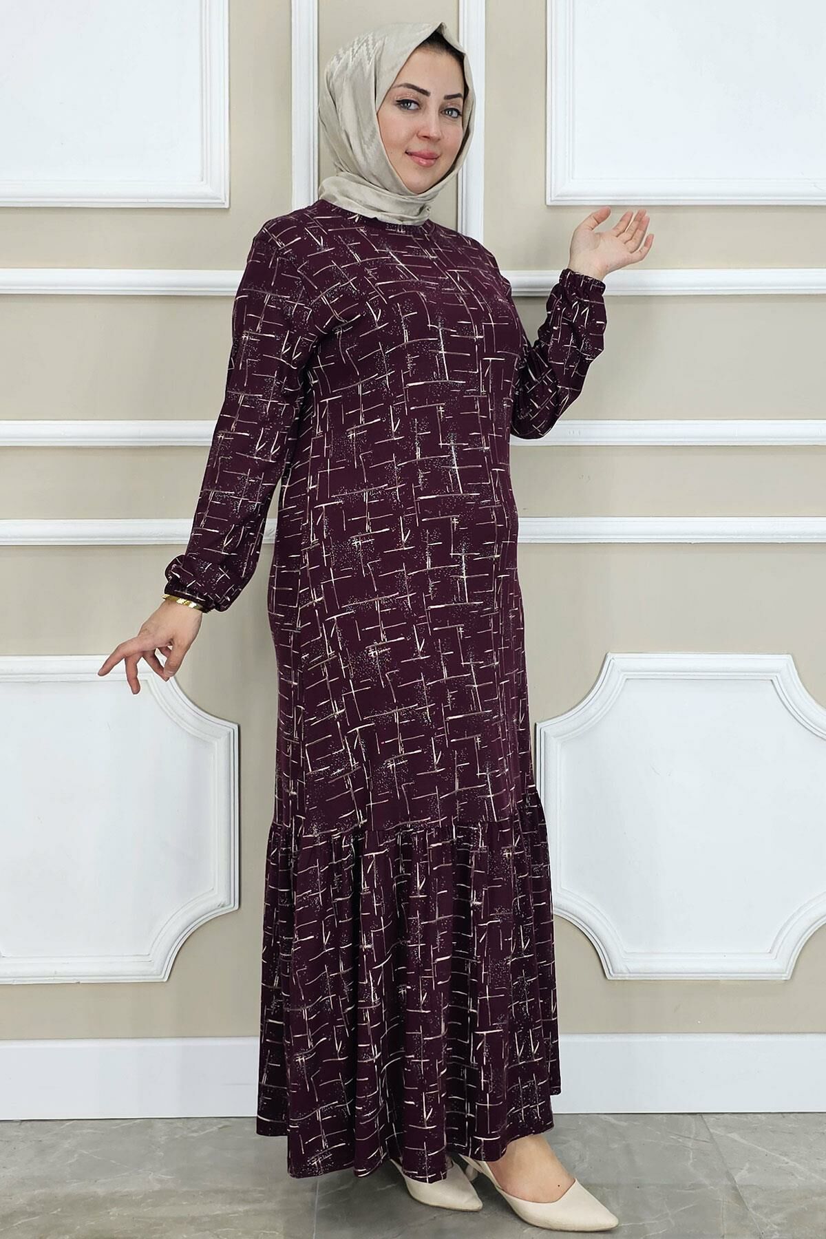 KADIN DESENLİ SİMLİ TESETTÜR ELBİSE BORDO - 4 BEDEN