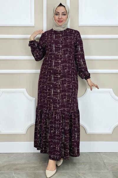 KADIN DESENLİ SİMLİ TESETTÜR ELBİSE BORDO - 4 BEDEN