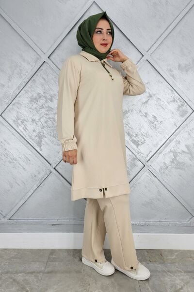 KADIN DÜĞME DETAYLI TESETTÜR TAKIM BEJ - 3 BEDEN