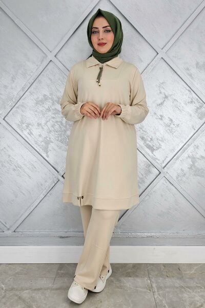 KADIN DÜĞME DETAYLI TESETTÜR TAKIM BEJ - 3 BEDEN