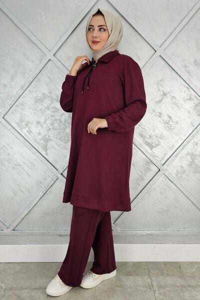 KADIN DÜĞME DETAYLI TESETTÜR TAKIM BORDO - 5 BEDEN