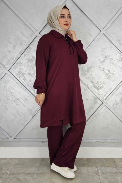 KADIN DÜĞME DETAYLI TESETTÜR TAKIM BORDO - 5 BEDEN