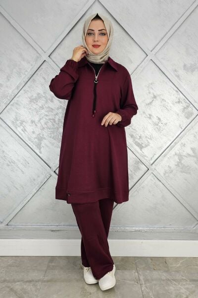 KADIN DÜĞME DETAYLI TESETTÜR TAKIM BORDO - 5 BEDEN