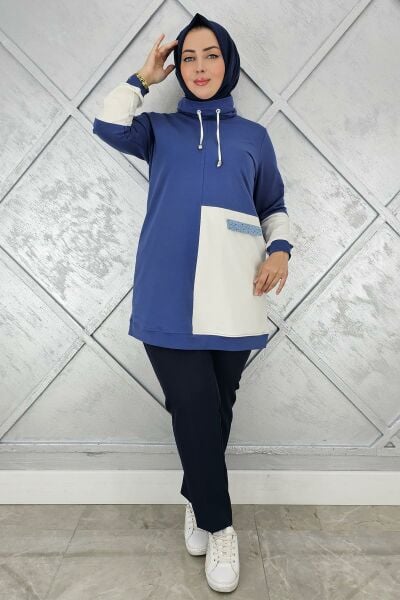 KADIN KOMBİNLİ BOĞAZLI TESETTÜR TUNİK İNDİGO - 5 BEDEN