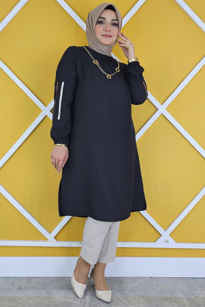 KADIN KOLARI DETAYLI KOLYELİ TESETTÜR TUNİK SİYAH - 2XL