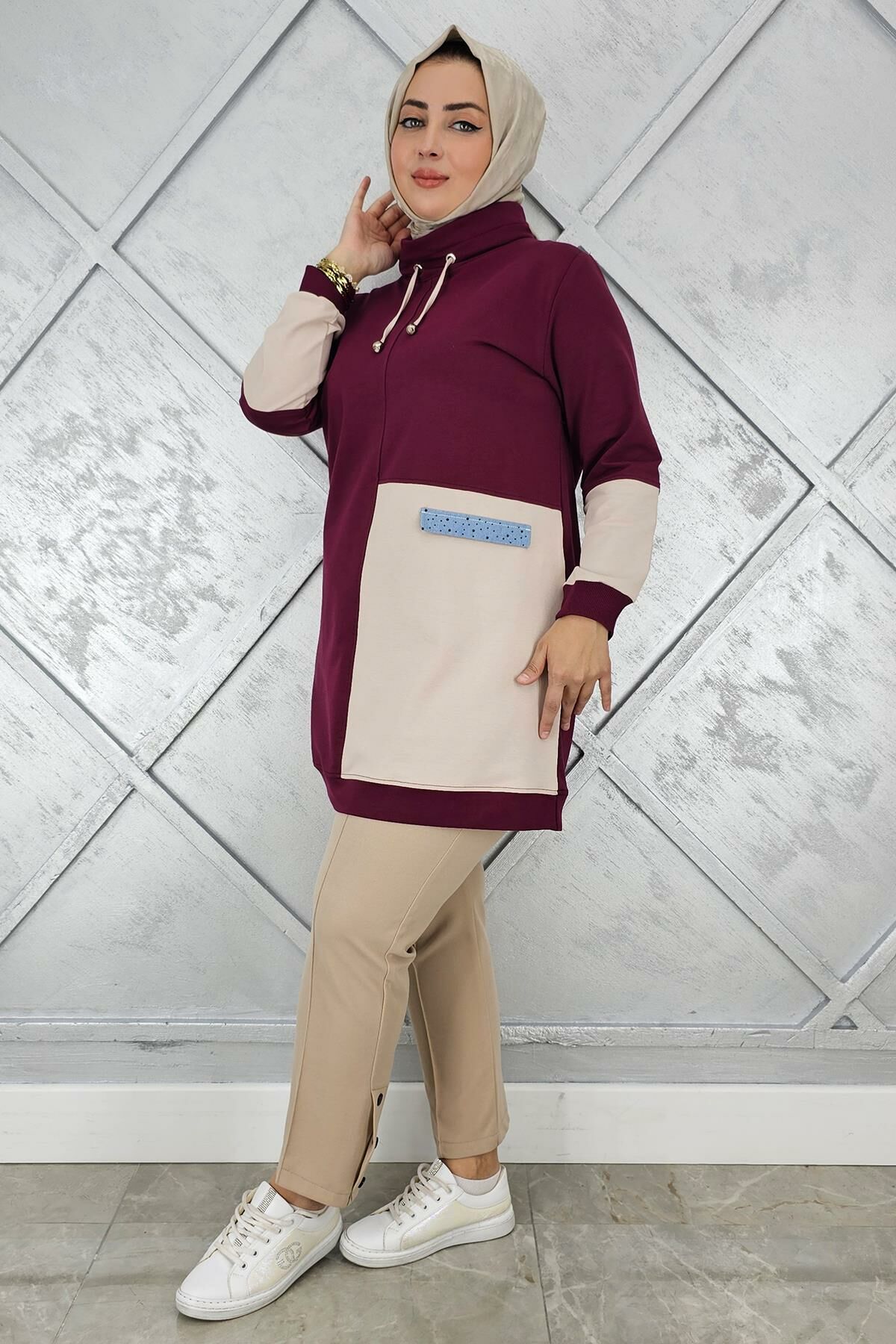 KADIN KOMBİNLİ BOĞAZLI TESETTÜR TUNİK BORDO - 4 BEDEN