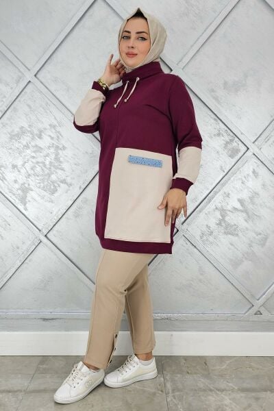 KADIN KOMBİNLİ BOĞAZLI TESETTÜR TUNİK BORDO - 4 BEDEN