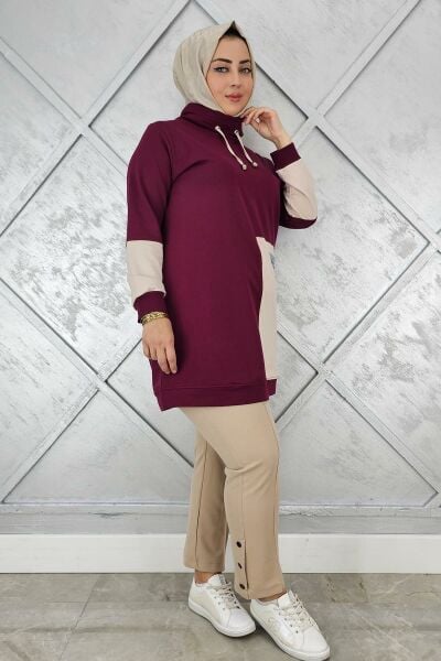 KADIN KOMBİNLİ BOĞAZLI TESETTÜR TUNİK BORDO - 4 BEDEN