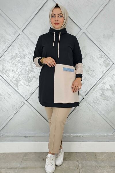 KADIN KOMBİNLİ BOĞAZLI TESETTÜR TUNİK SİYAH - 2 BEDEN