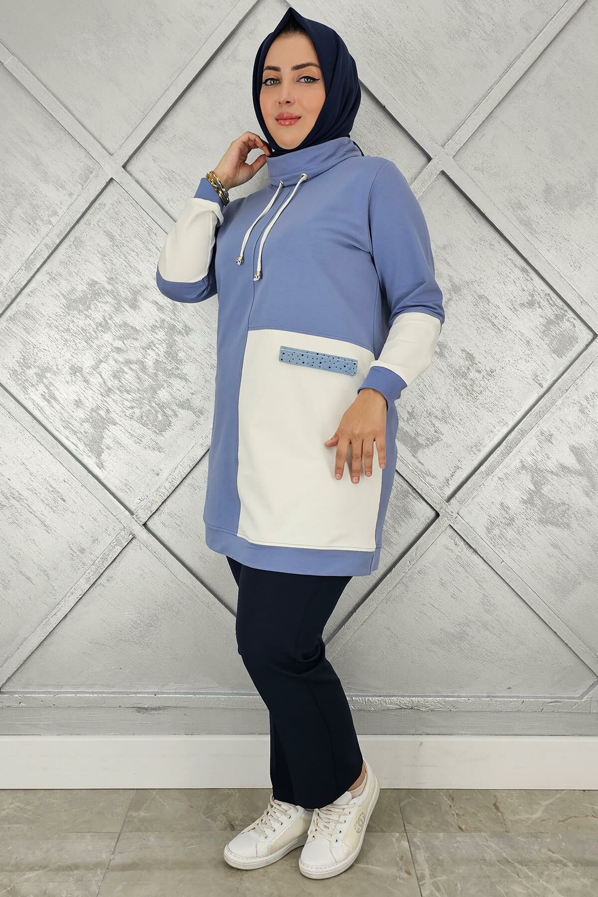 KADIN KOMBİNLİ BOĞAZLI TESETTÜR TUNİK MAVİ - 5 BEDEN