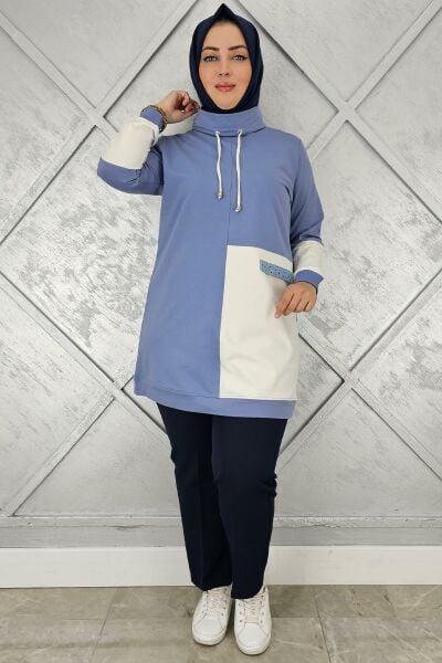 KADIN KOMBİNLİ BOĞAZLI TESETTÜR TUNİK MAVİ - 5 BEDEN