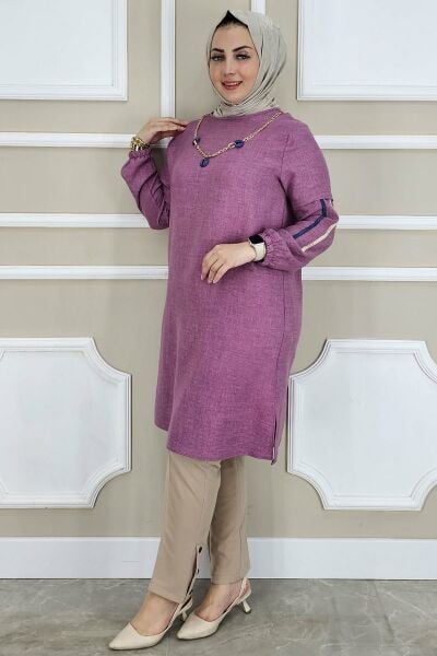 MYSTIL KADIN KOLARI DETAYLI KOLYELİ TESETTÜR TUNİK GÜL KURUSU - 2XL
