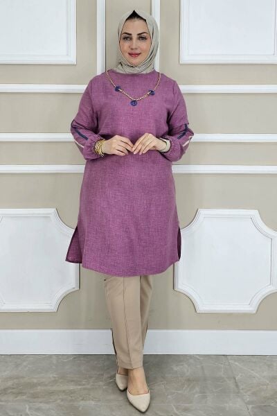 MYSTIL KADIN KOLARI DETAYLI KOLYELİ TESETTÜR TUNİK GÜL KURUSU - 2XL