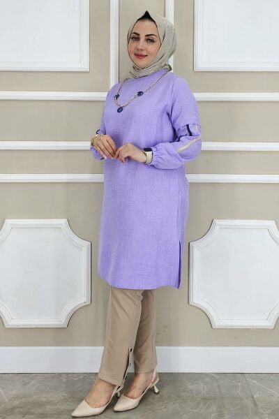 KADIN KOLARI DETAYLI KOLYELİ TESETTÜR TUNİK MOR - 2XL