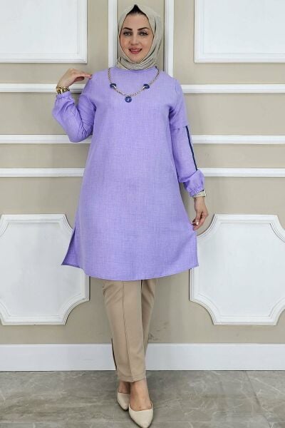 KADIN KOLARI DETAYLI KOLYELİ TESETTÜR TUNİK MOR - 2XL