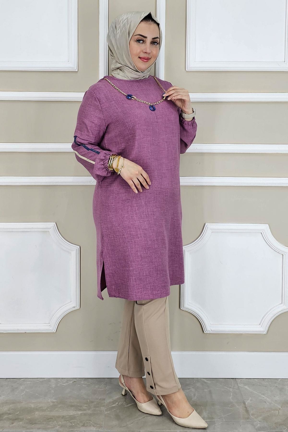 KADIN KOLARI DETAYLI KOLYELİ TESETTÜR TUNİK GÜL KURUSU - 3XL