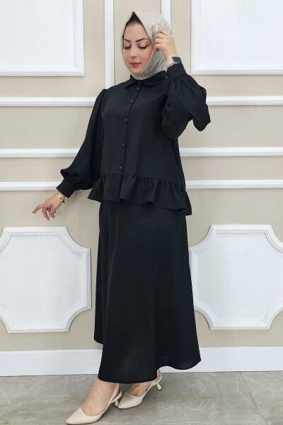 PYS KADIN FIRFIR DETAYLI ETEKLİ TESETTÜR TAKIM SİYAH - 5 BEDEN
