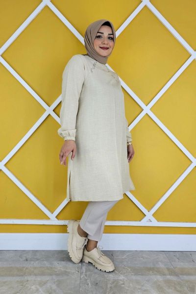KADIN YAKASI BİYELİ TAŞ DETAYLI TESETTÜR TUNİK TAŞ - 2XL