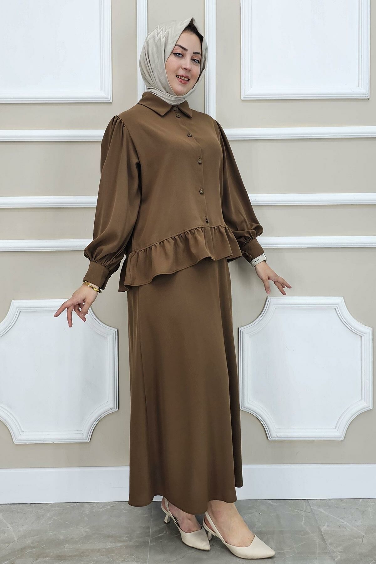 PYS KADIN FIRFIR DETAYLI ETEKLİ TESETTÜR TAKIM KAHVERENGİ - 3 BEDEN