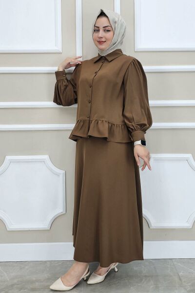 PYS KADIN FIRFIR DETAYLI ETEKLİ TESETTÜR TAKIM KAHVERENGİ - 3 BEDEN