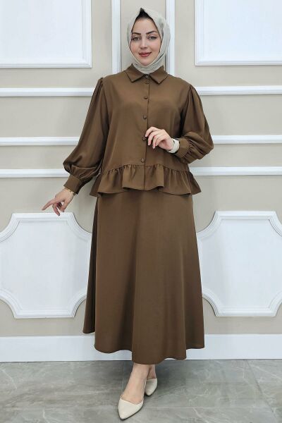 PYS KADIN FIRFIR DETAYLI ETEKLİ TESETTÜR TAKIM KAHVERENGİ - 3 BEDEN