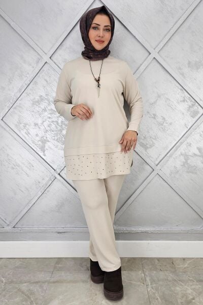 KADIN KOLYE VE TAŞ DETAYLI TESETTÜR TAKIM TAŞ - 4 BEDEN