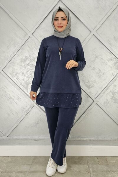 KADIN KOLYE VE TAŞ DETAYLI TESETTÜR TAKIM LACİVERT - 2 BEDEN