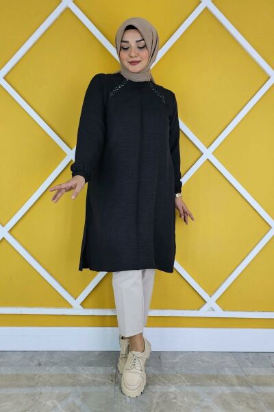KADIN YAKASI BİYELİ TAŞ DETAYLI TESETTÜR TUNİK SİYAH - 3XL
