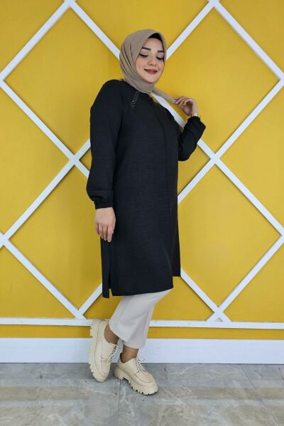 KADIN YAKASI BİYELİ TAŞ DETAYLI TESETTÜR TUNİK SİYAH - 3XL