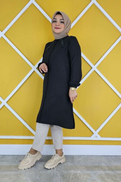 KADIN YAKASI BİYELİ TAŞ DETAYLI TESETTÜR TUNİK SİYAH - 3XL