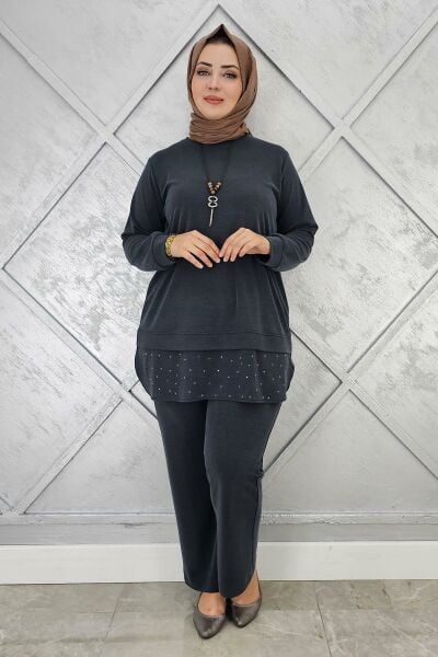KADIN KOLYE VE TAŞ DETAYLI TESETTÜR TAKIM SİYAH - 2 BEDEN